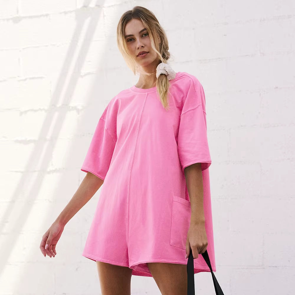 Elevate Your Summer Style with Our Women's Oversized Hot Shot Tee Romper - Perfect for Athletic Adventures and Casual Outings!