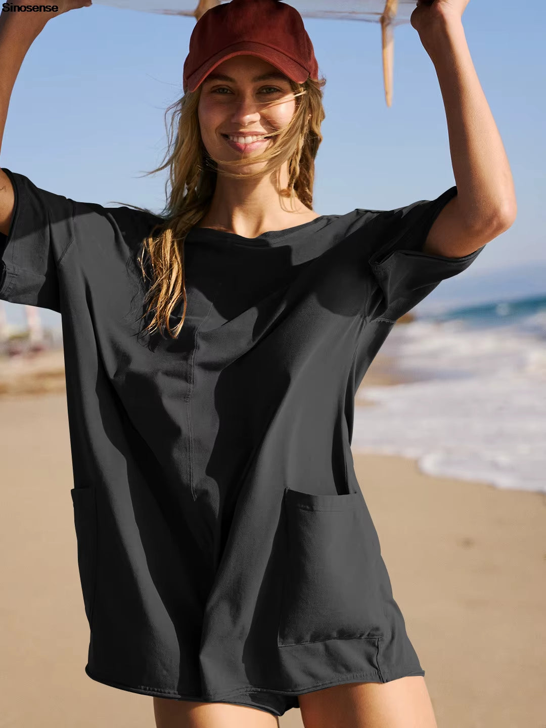 Elevate Your Summer Style with Our Women's Oversized Hot Shot Tee Romper - Perfect for Athletic Adventures and Casual Outings!