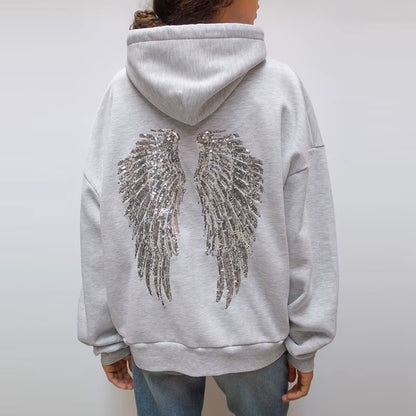 Casual Sequined Angel Wings Oversized Hoodie Women Loose Grey Long Sleeve Street Warm Pullover 2025 Winter Lady Daily Wear New