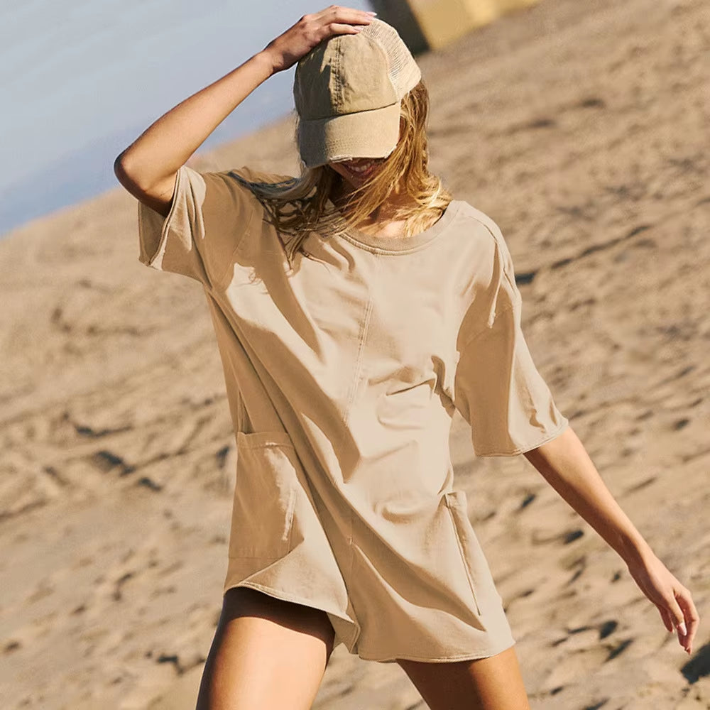 Elevate Your Summer Style with Our Women's Oversized Hot Shot Tee Romper - Perfect for Athletic Adventures and Casual Outings!