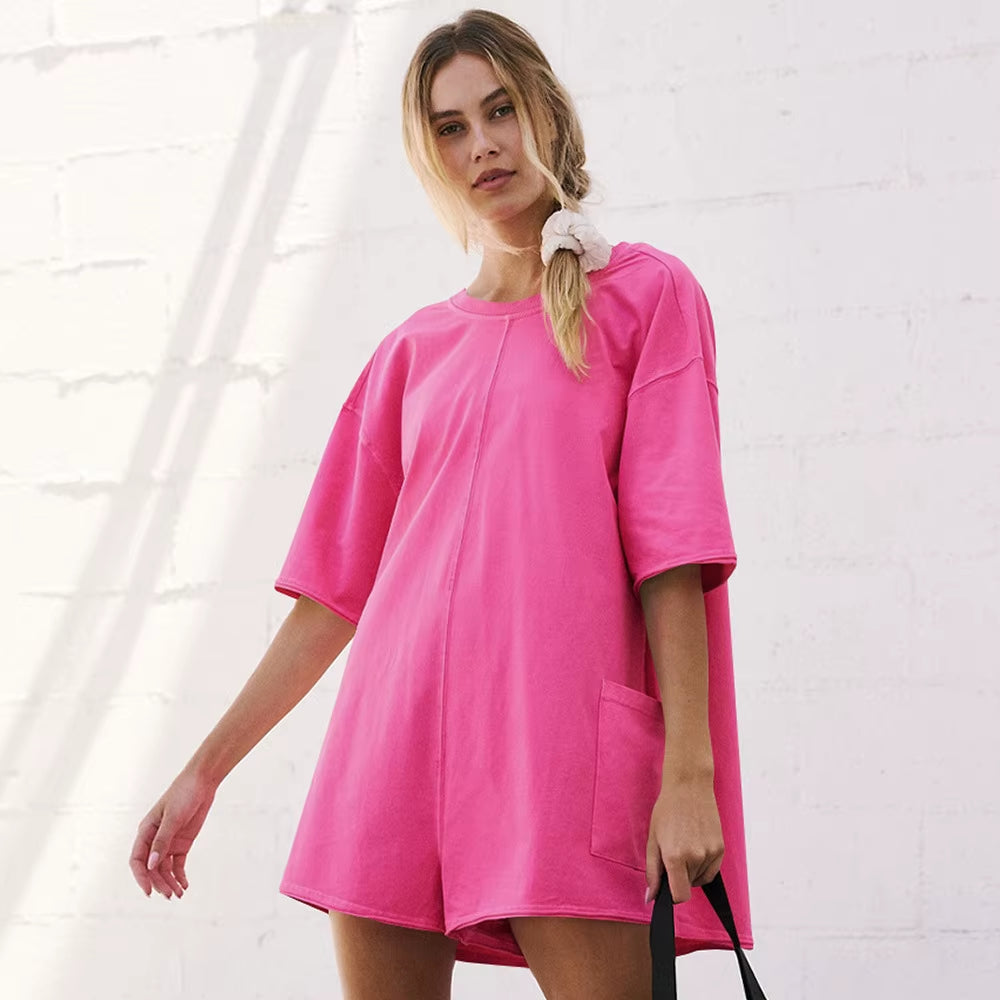 Elevate Your Summer Style with Our Women's Oversized Hot Shot Tee Romper - Perfect for Athletic Adventures and Casual Outings!