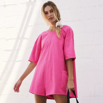 Elevate Your Summer Style with Our Women's Oversized Hot Shot Tee Romper - Perfect for Athletic Adventures and Casual Outings!